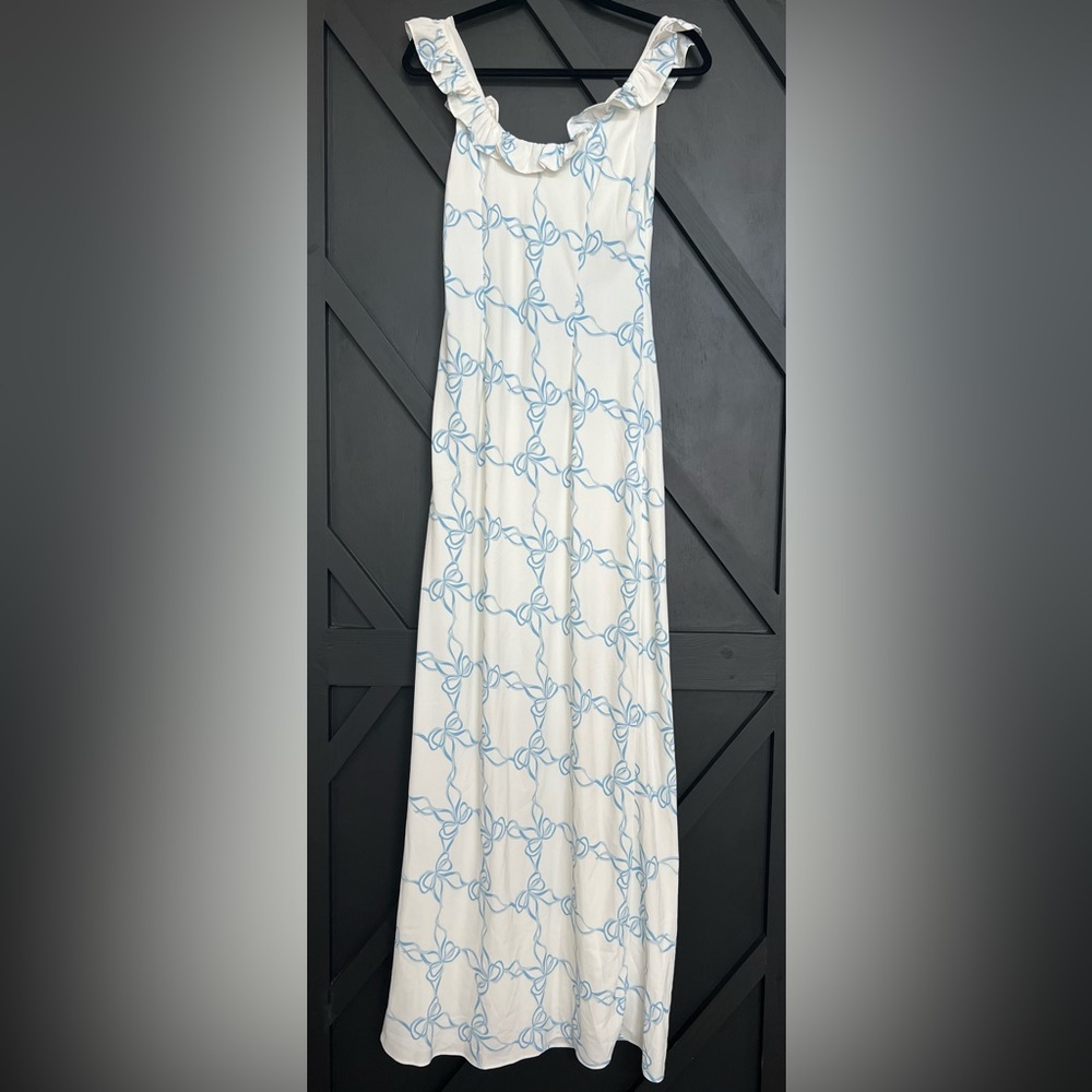 Glamorous Maxi Dress in White with Blue Ribbon Print, Size 6 - Picture 8 of 9